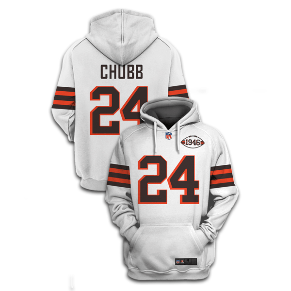 Men's Cleveland Browns #24 Nick Chubb 2021 White 1946 Collection Pullover Hoodie